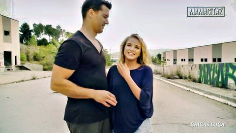 Blonde Russian babe smiles with tall muscular Latino guy outdoors in MamacitaZ