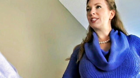 Mega hot German blonde in tight blue sweater showing deep cleavage