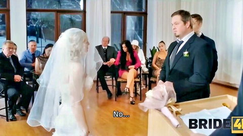 Blonde bride in white gown at wedding podium with groom and guests, kinky public setup