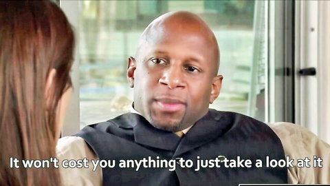 Bald black man in vest tempts long-haired woman to look at his BBC