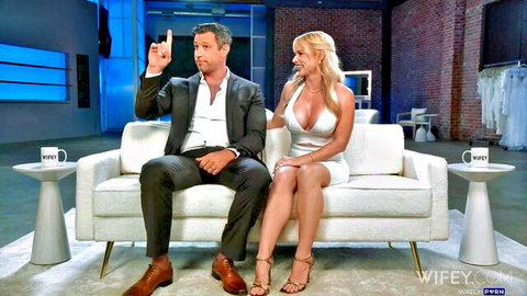 Blonde bride Danielle Renae with suited hubby on Wifey set