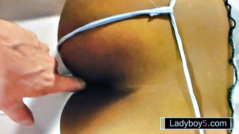 Asian teen femboy in white thong, hand touching big ass POV