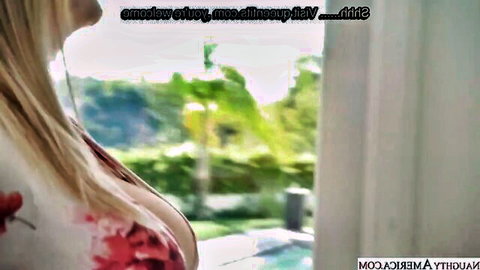 Hot Ass Hollywood's massive tits in red dress by poolside window