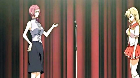 Anime hentai thumbnail: pink-haired woman in skirt and blonde schoolgirl on stage