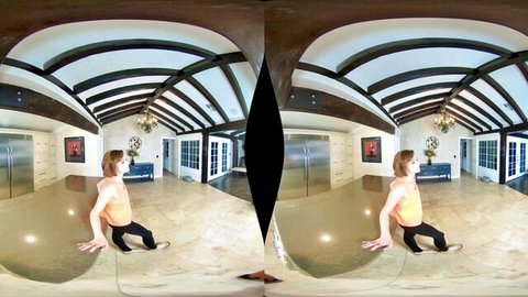 Cadey Mercury in seductive VR pose, tank top and shorts, solo tease
