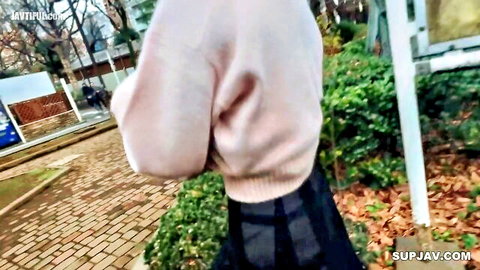 Japanese babe flashes bare hanging tits ass and pussy outdoors with pink sweater pulled up and skirt hiked