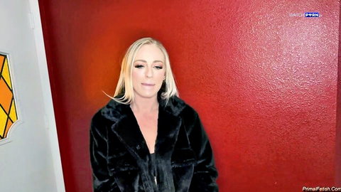 Elana Bunnz blonde in open black fur coat teasing cleavage