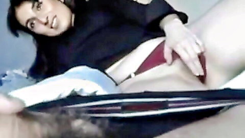 Seductive Arab wife smiling while rubbing pussy through red panties POV