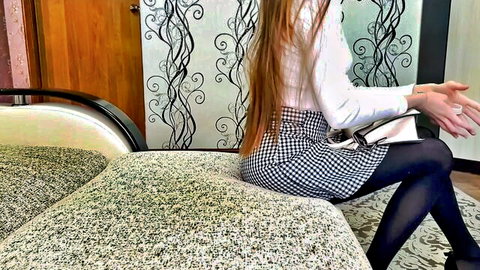 Sexy slim redhead young stepmom in plaid skirt and stockings after work