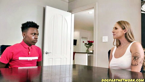 Angel Youngs blonde busty in tank top eyeing black stud