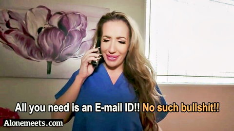 Richelle Ryan as sexy nurse in blue scrubs, talking on phone with sultry expression