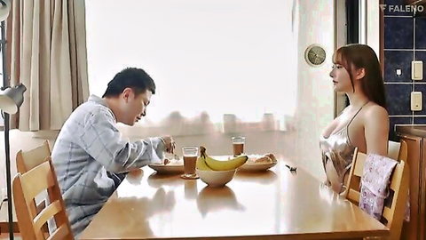Asian woman in sheer lingerie seduces man at breakfast table, Faleno JAV