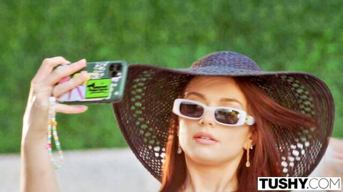 Sophia redhead in hat and sunglasses takes teasing selfie for intense Tushy anal