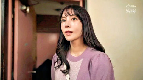 Karen Kaede in purple sweater, seductive doorway pose, JAV x-831 uncensored