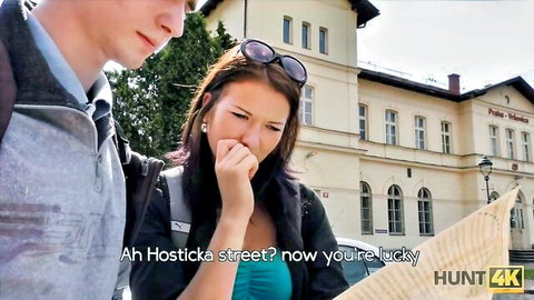 Brunette tourist surprised by lucky street encounter with man - Hunt4K
