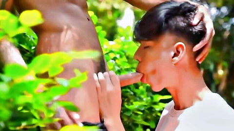 Two hot Asian twinks in intense gay outdoor blowjob scene