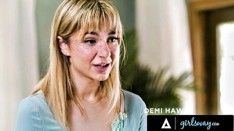Blonde cutie Demi Hawks in light blue top, freckles, from Girlsway MILF threesome