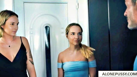 Mona Blue and blonde friend tease stepdad Renato in elegant dresses