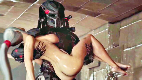 Predator monster carries nude white-haired woman with claws gripping her huge tits and ass in rough 3D alien sex