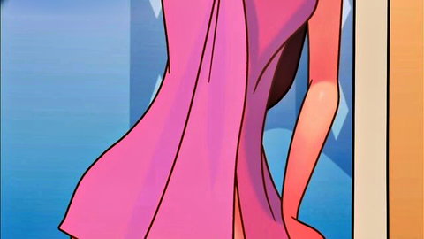 Animated curvy anime girl in pink dress posing side view in naughty suntan scene