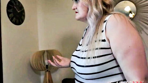 Blonde BBW Becky in striped top seduces to escape debt