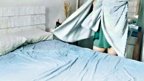 Amateur teen in short blue robe exposing ass in bedroom mirror
