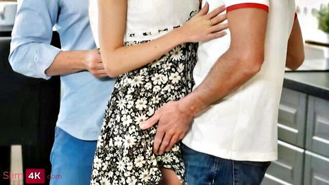 Katty West slim teen in threesome, floral skirt lifted by two men