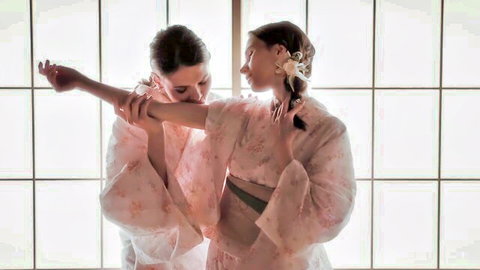 Kinsley White and Leona Mia in sensual kimono embrace