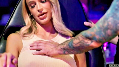 Emma Hix in teasing touch scene, blonde beauty in white top
