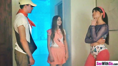 Myra Moans as teen stepsister with sexy friend in pink skirt and mesh top facing guy