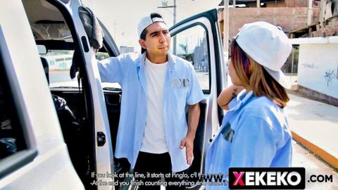 Clothed Latina couple in uniforms chatting flirtatiously by open car door on street