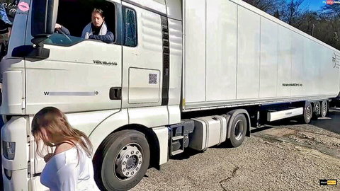 HollyBanks in sexy white top teasing blonde truck driver at cab door