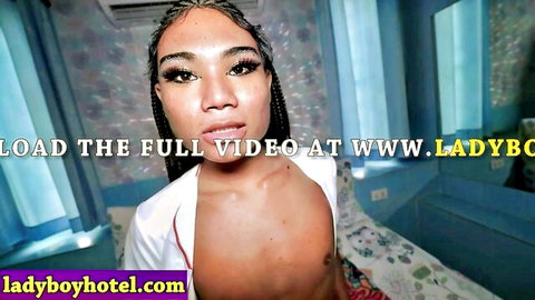 Shemale with braids teases in open white shirt on Ladyboy Hotel