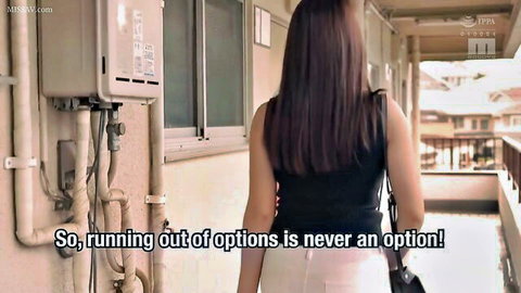 Long-haired brunette Japanese woman in tight white skirt and black top walking away down outdoor hallway balcony