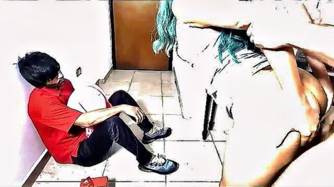 Shocked man catches green-haired wife cheating with best friend in cowgirl position