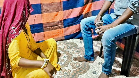 Desi wife in yellow saree and red dupatta with husband, teasing anal Hindi audio