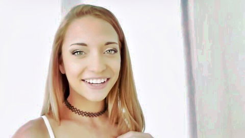 Paisley Rae smiling teasingly in white tank top with choker, POV style