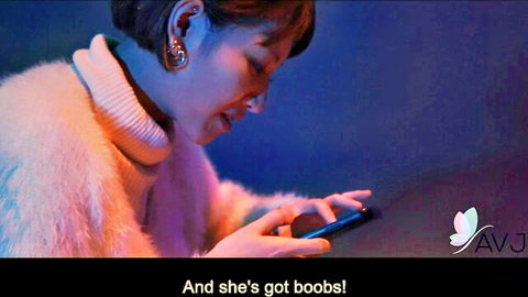 Li Er busty Asian in fluffy sweater checking phone, JAV bunny slut