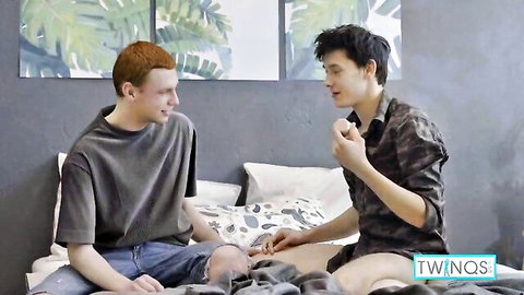 Ginger twink Michael chats intimately with Logan on bed