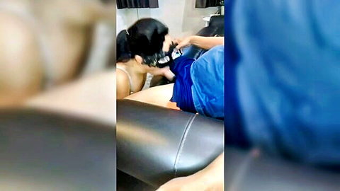 Blurry Thai amateur blowjob as husband ignores for game