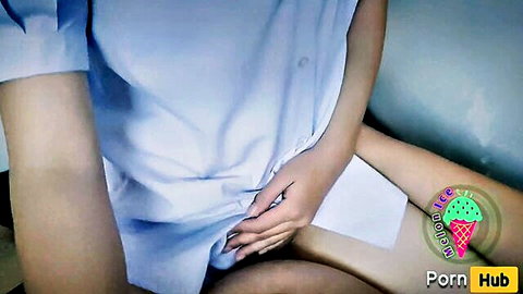 Melon Ice Asian tease in blue blouse and white panties