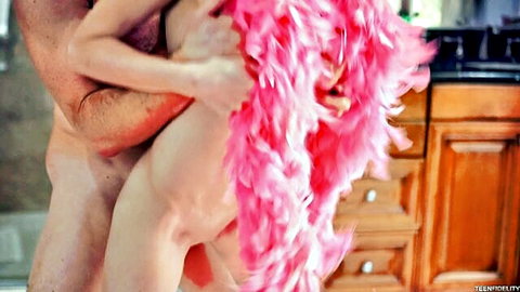 Skinny blonde with pink boa pounded hard from behind in intense creampie scene