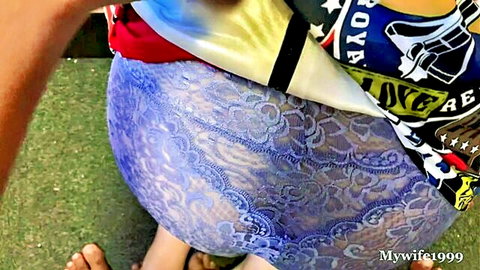 Asian woman in purple lace panties exposing big ass after near creampie cumshot