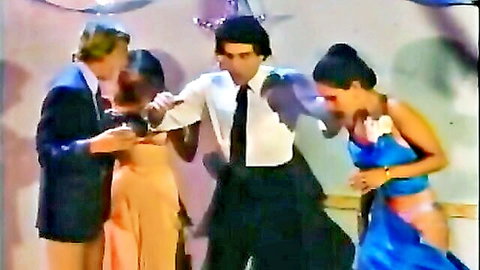 Vintage prom scene with suited men and women in flowing dresses, ENF zapped embarrassment