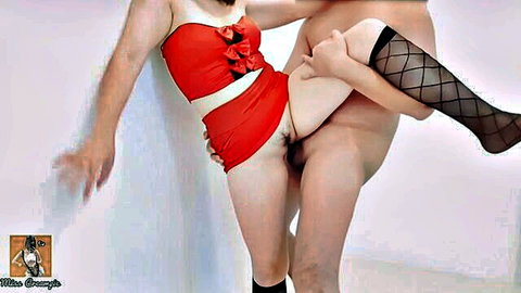 Thai girl in red lingerie gets pussy fucked hard by boyfriend against wall