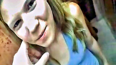 Young blonde Spanish student smiling in blue top for porn audition selfie