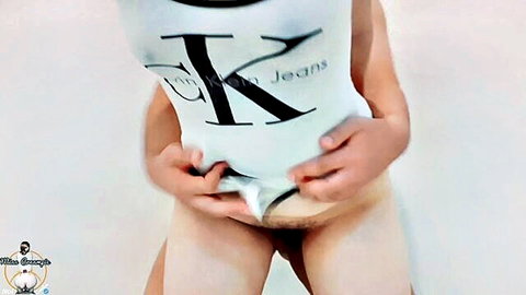Thai teen squatting in CK shirt, exposing hairy pussy for creampie tease