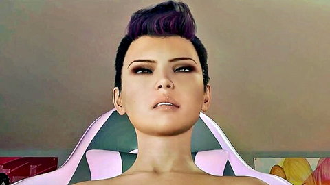 Asian woman with short purple hair, topless large breasts, intense gaze for vore BJ fetish