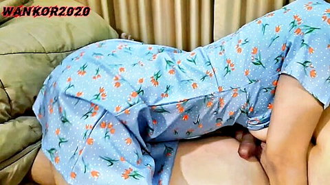 Asian woman with natural big tits rides cowgirl creampie in floral dress