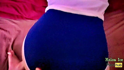 Melon Ice in tight blue shorts, sexy ass up pose on bed